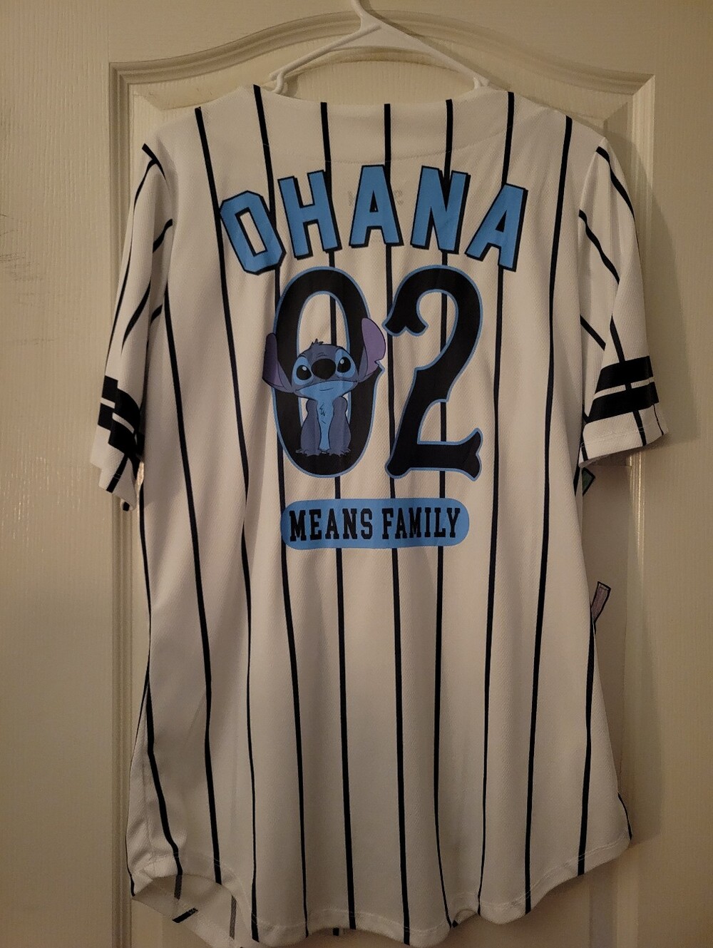 Ohana Stitch Womens White & Black Pinstripe Tee - "Ohana Means Family"